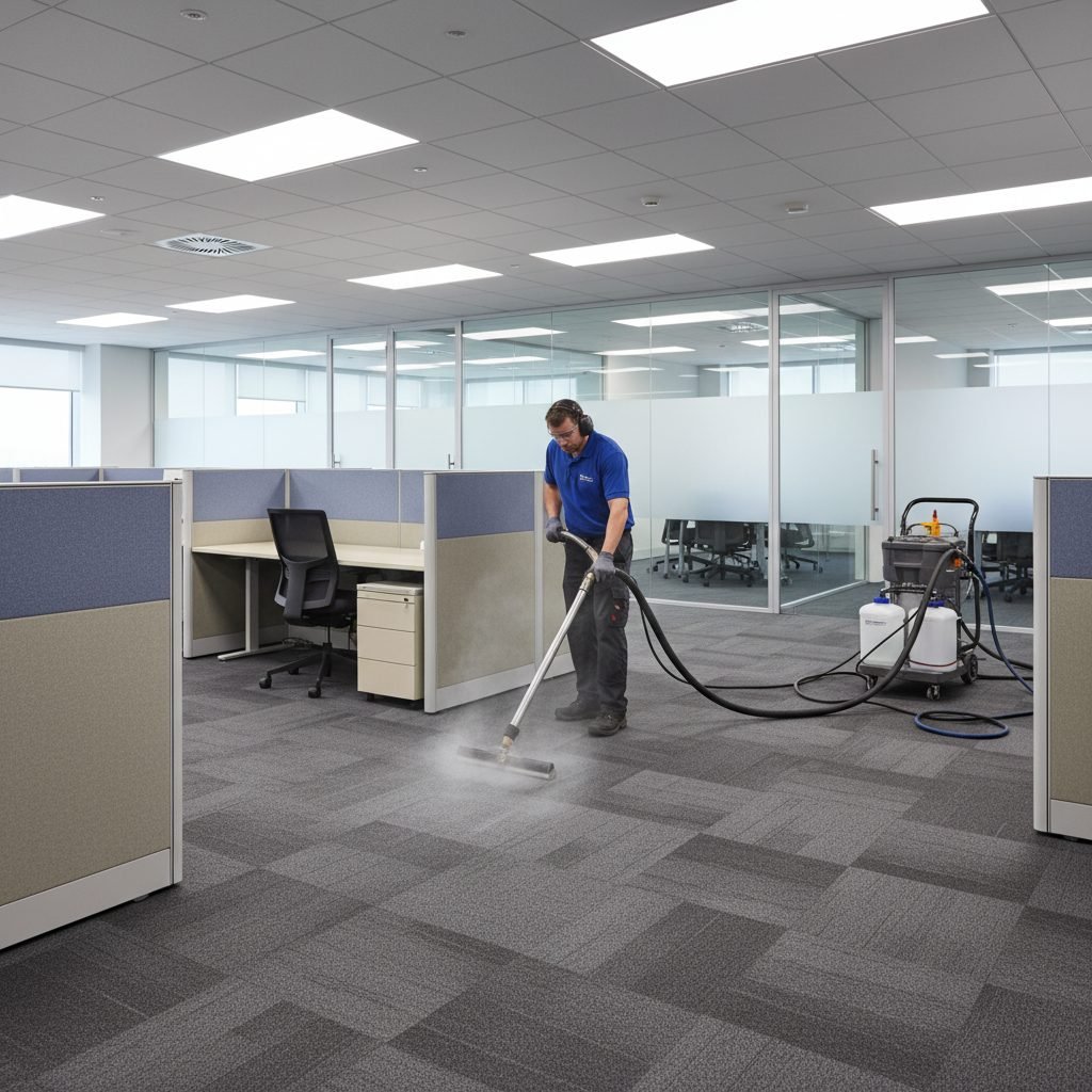 Commercial carpet cleaning with industrial extraction equipment