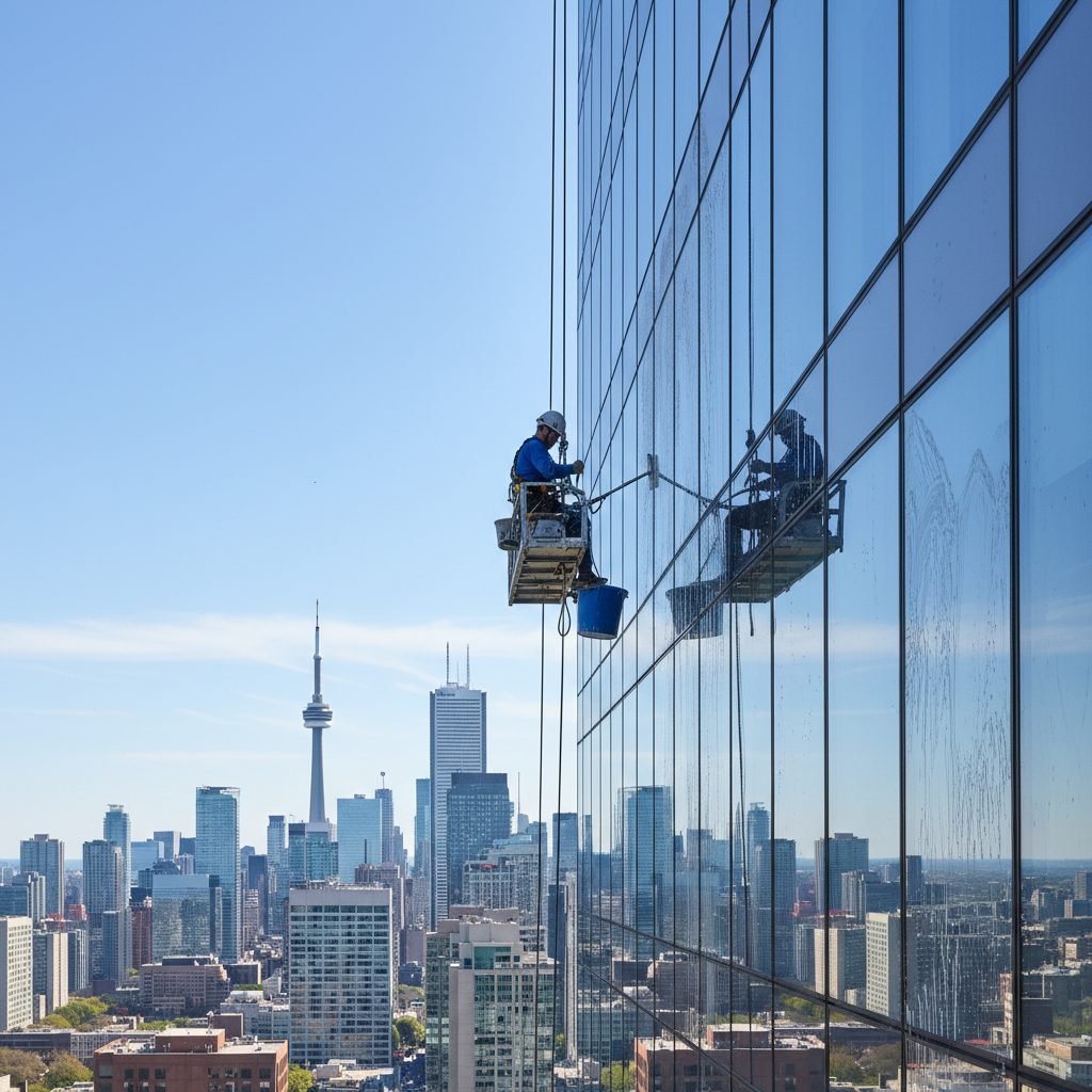 Commercial window cleaning on a glass office tower