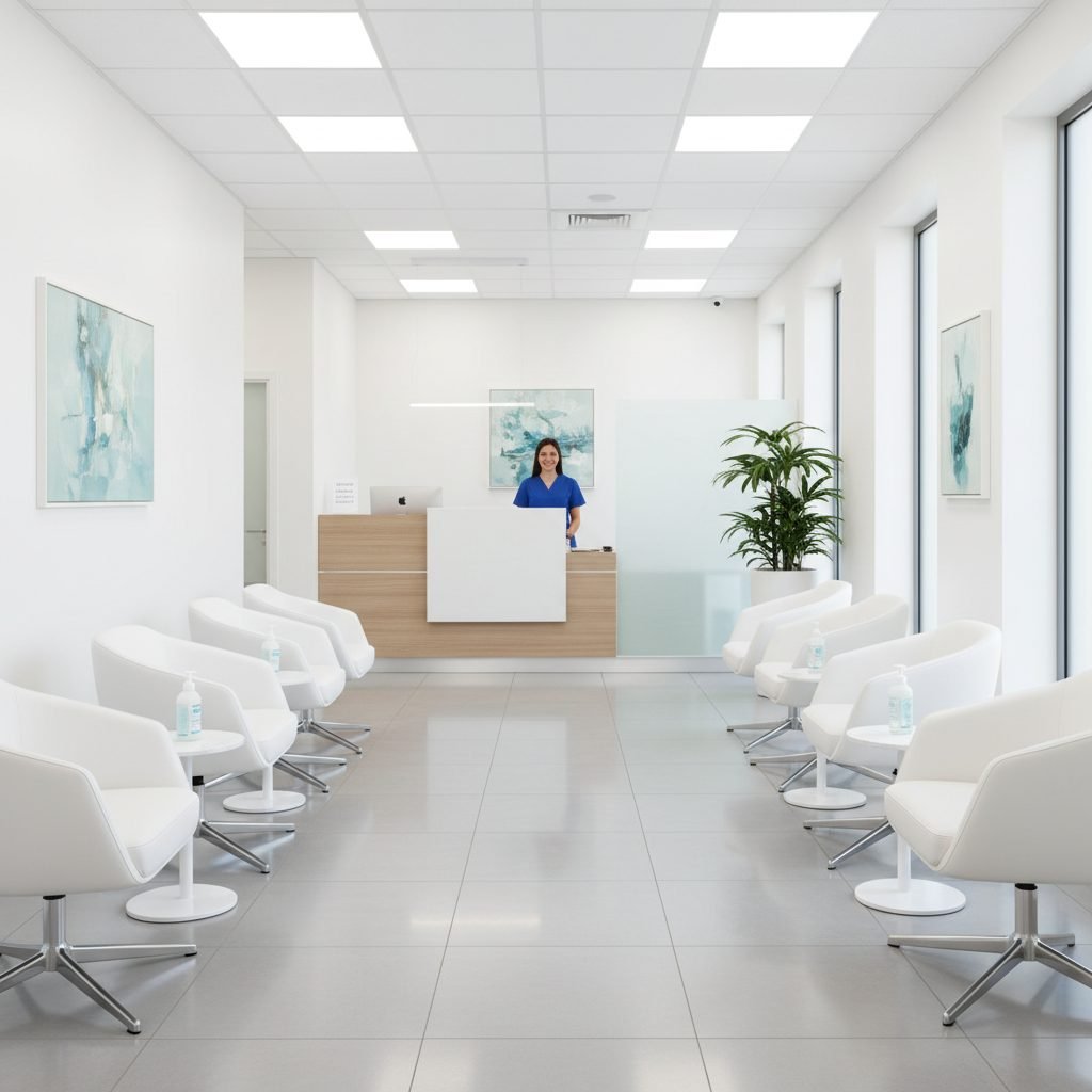 Immaculately clean medical clinic waiting room