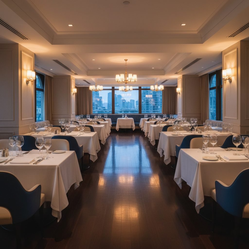 Professionally cleaned upscale restaurant dining room