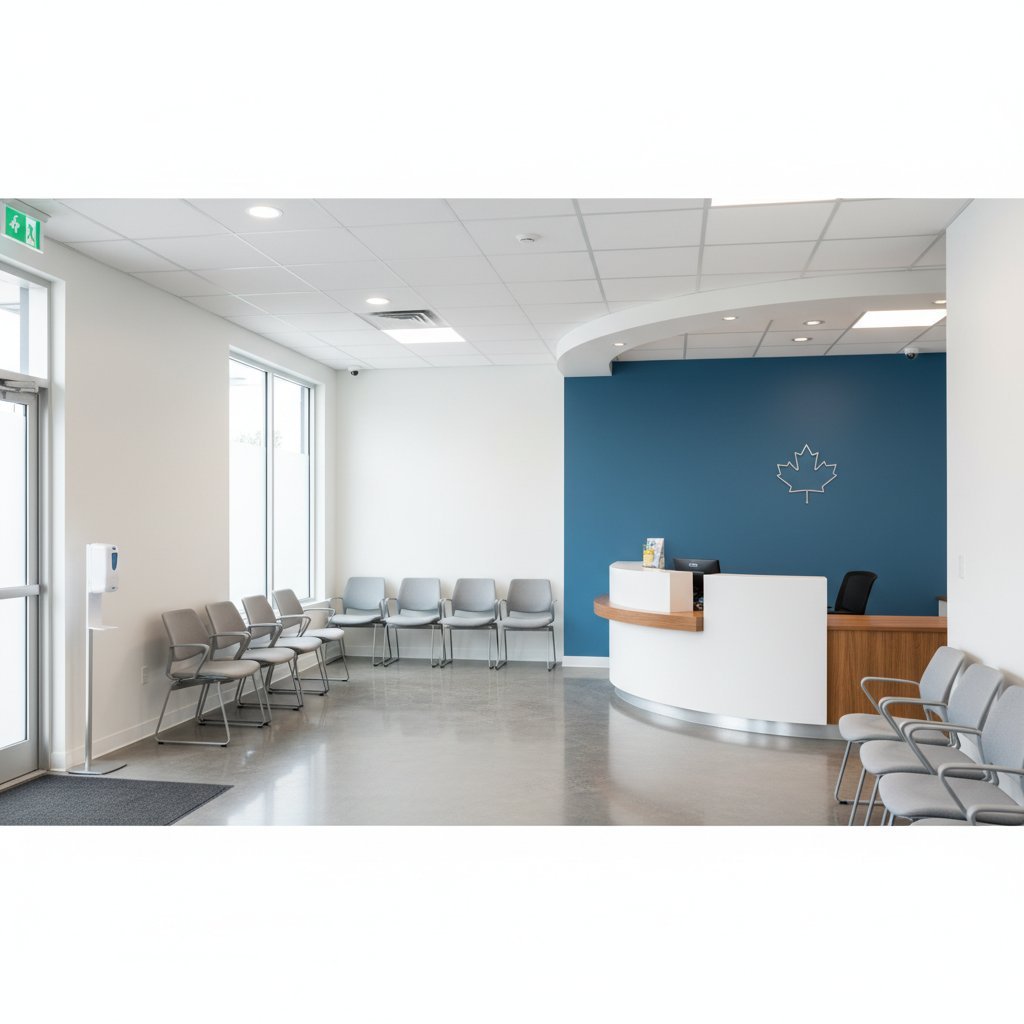 Clean modern medical clinic reception area with spotless waiting room