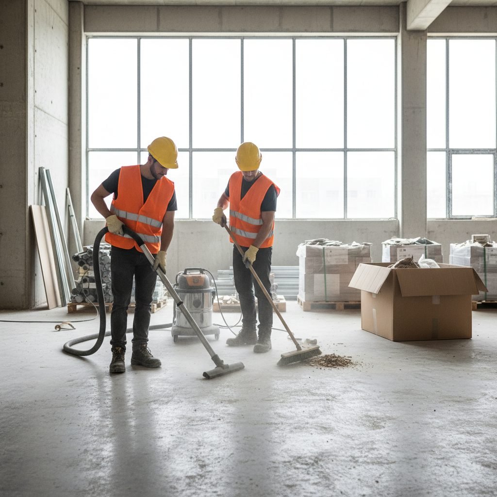 Post-construction cleaning crew at a commercial site