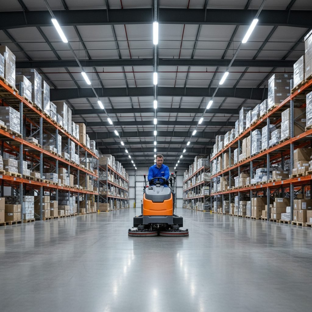 Industrial warehouse floor cleaning with commercial scrubber