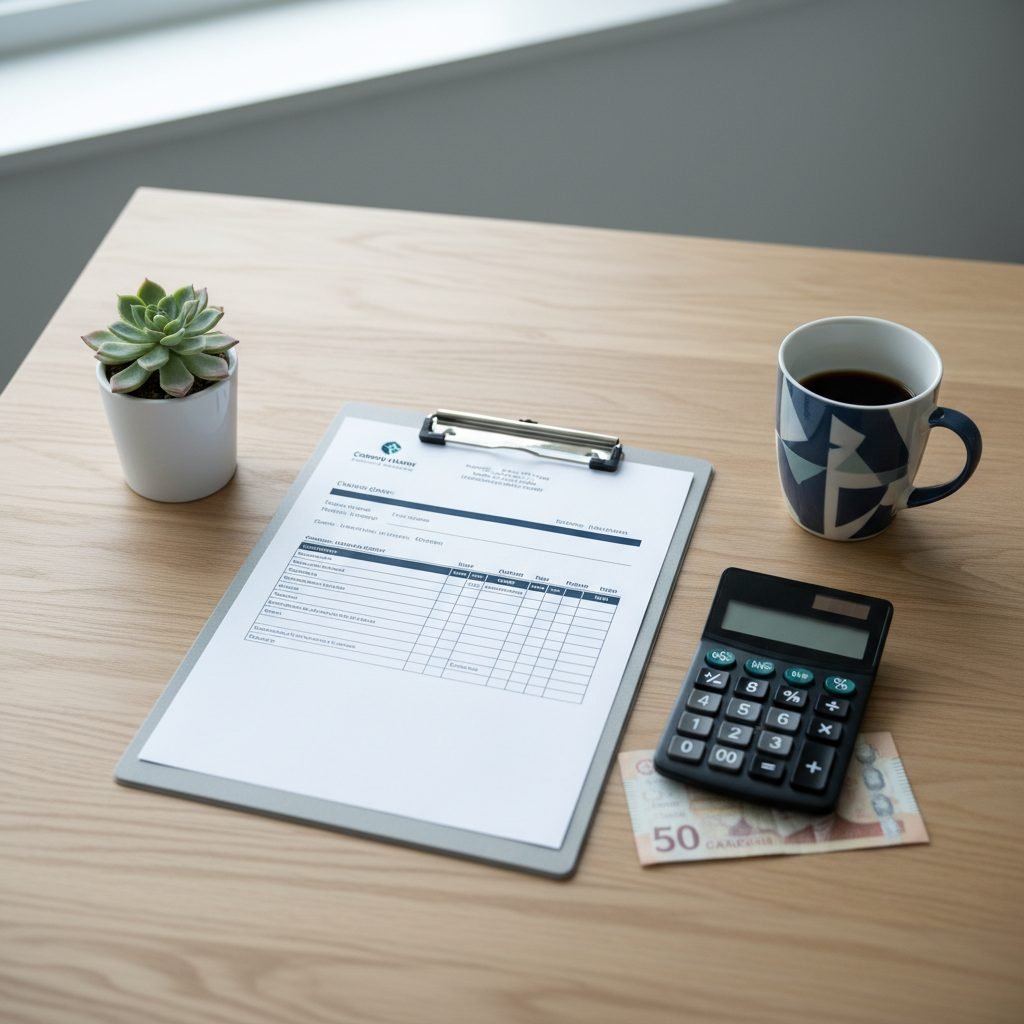 Commercial cleaning service quote on an Ontario office desk with calculator and Canadian dollars