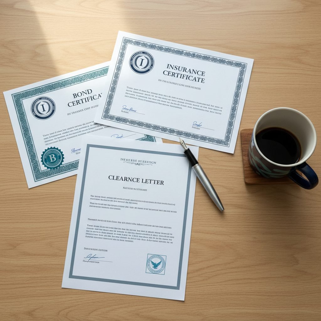 Insurance certificate bond certificate and WSIB clearance letter on a business desk