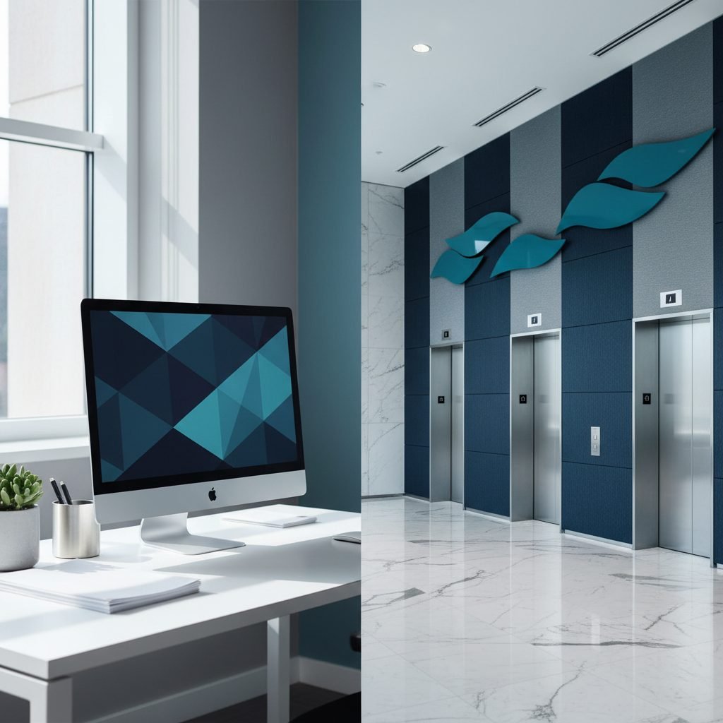 Side-by-side office workspace and corporate building lobby illustrating commercial cleaning versus janitorial services