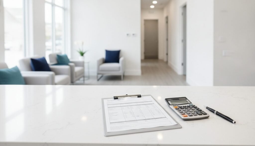 Dental cleaning pricing quote and calculator on the reception counter of a modern Ontario dental office